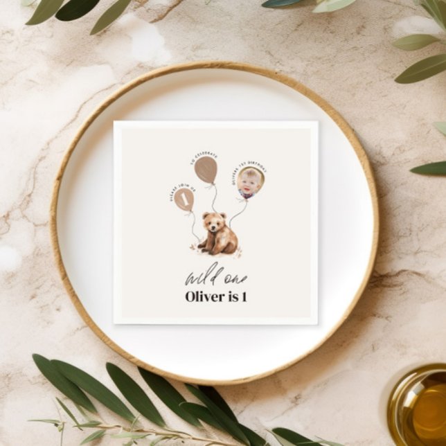 1st Birthday Wild One bear modern elegant Photo Napkin (Creator Uploaded)