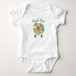1st Birthday Wild One Jungle Safari Animals in car Baby Bodysuit