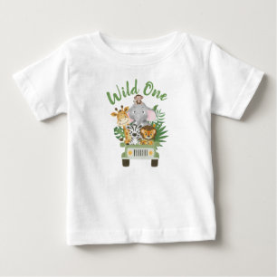 1st Birthday Wild One Jungle Safari Animals in car Baby T-Shirt