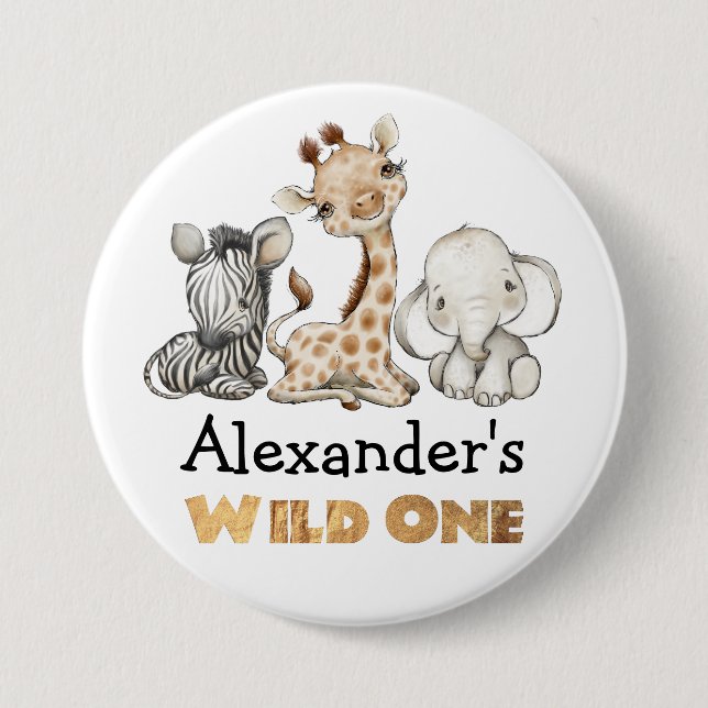 1st Birthday Wild One Safari Animals Themed 3 Inch Round Button (Front)