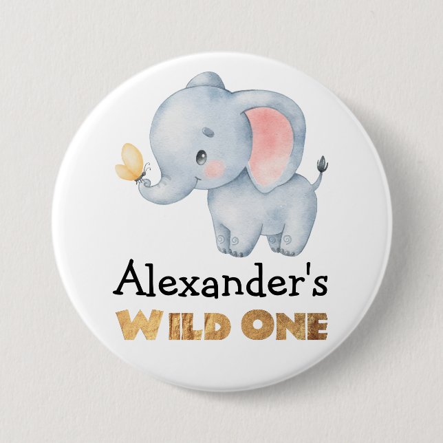 1st Birthday Wild One Safari Elephant Themed 3 Inch Round Button (Front)