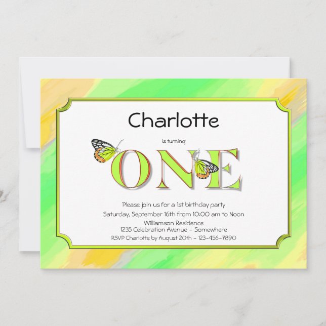 1st Birthday Yellow and Green with Stripes Invitation (Front)