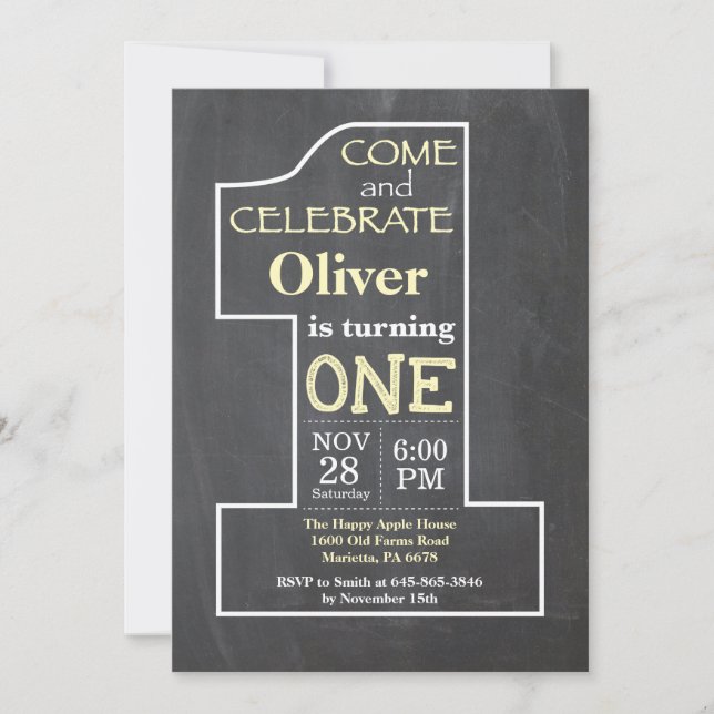 1st Birthday Yellow Chalkboard Invitation (Front)