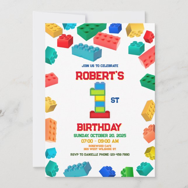 1st Building Blocks Birthday Invitation, Blocks  Invitation (Front)