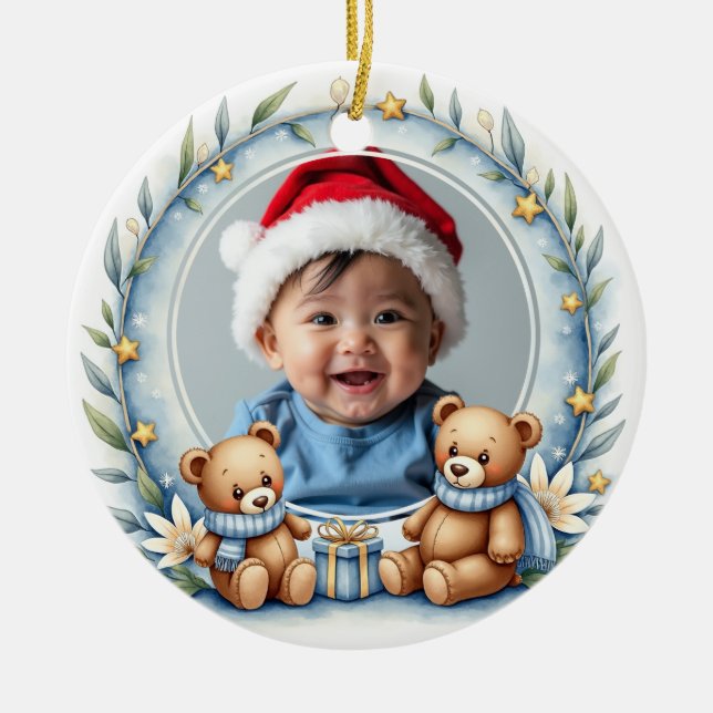 1st Christmas 2 sided, Bear Hugs & Baubles Ceramic Ornament (Front)