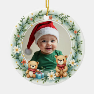 1st Christmas 2 sided Bear Hugs & Holly Ceramic Ornament