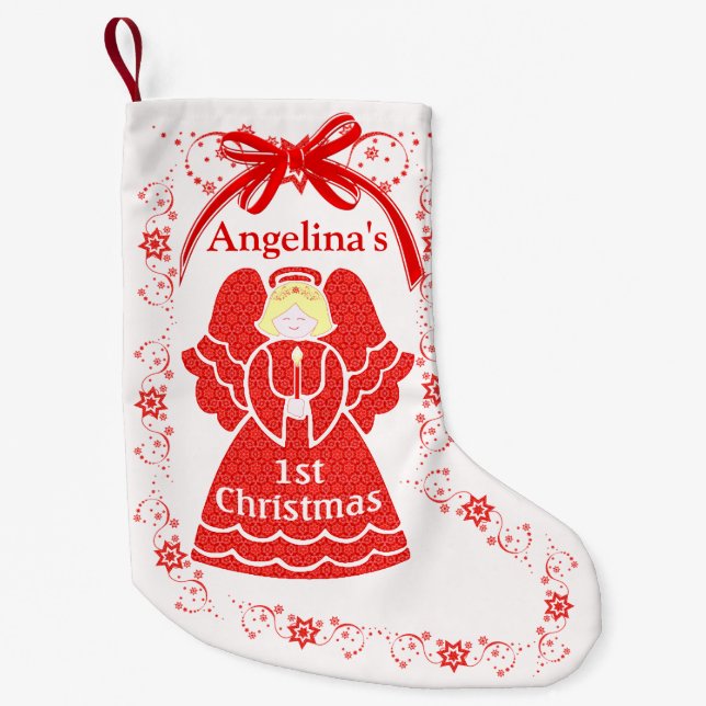 1st Christmas Angel For Baby Girl Custom Name Small Christmas Stocking (Front)