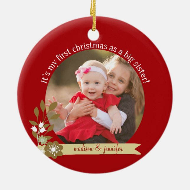 1st Christmas as Big Sister custom photo/name Ceramic Ornament (Back)