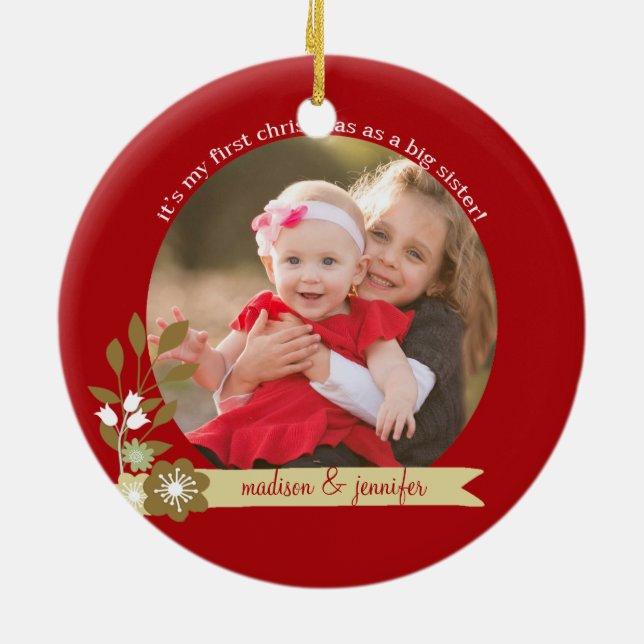1st Christmas as Big Sister custom photo/name Ceramic Ornament (Back)