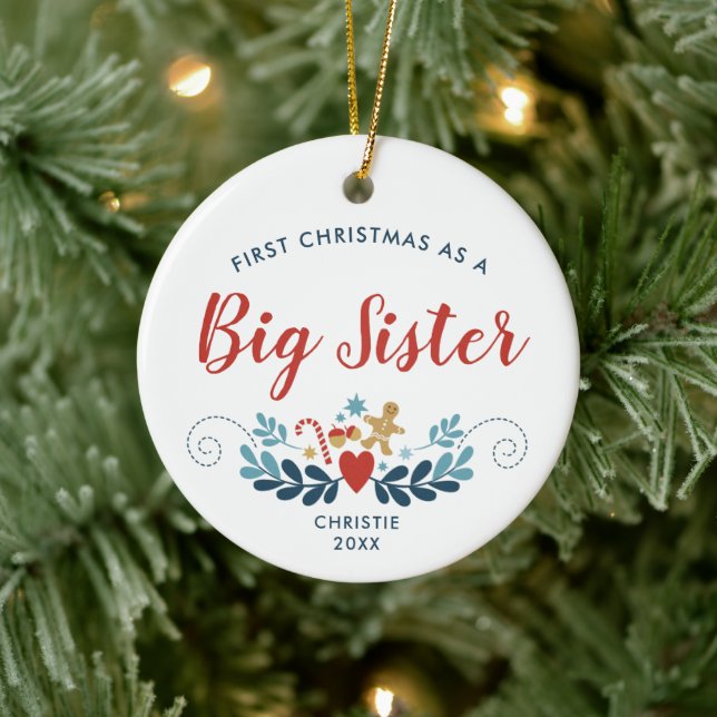 1st Christmas As Big Sister Personalized Folk Art Ceramic Ornament (Tree)