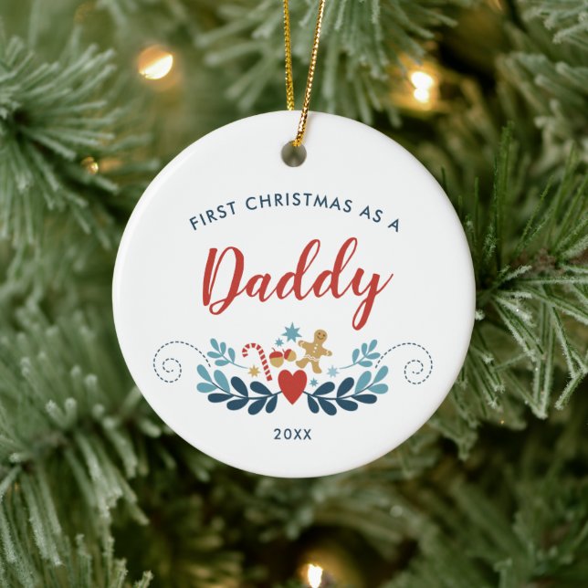 1st Christmas As Daddy Personalized Xmas Folk Art Ceramic Ornament (Tree)