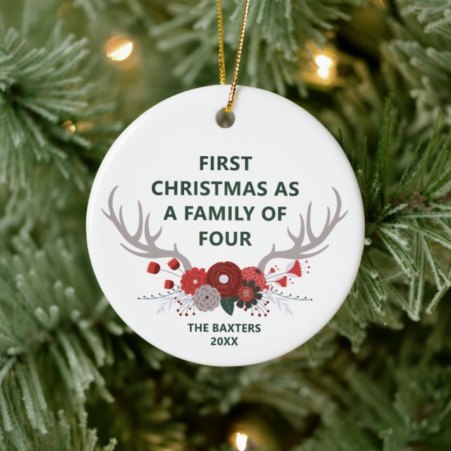 1st Christmas As Family of 4 Personalized Antlers Ceramic Ornament (Tree)