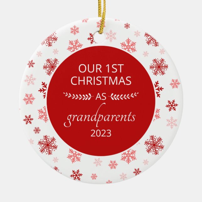 1st Christmas As Grandparents Red Snowflake Photo Ceramic Ornament (Front)