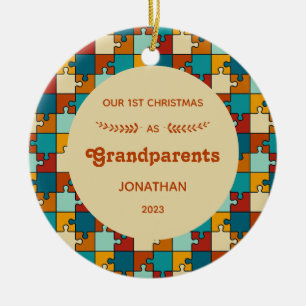 1st Christmas As Grandparents Vintage Puzzle Photo Ceramic Ornament