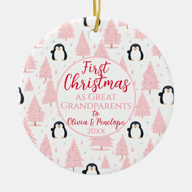 1st Christmas As Great Grandparents Penguin Pink Ceramic Ornament (Front)