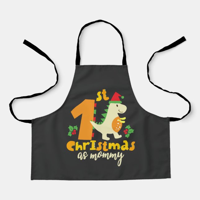 1st Christmas As Mommy Xmas Cute Dinosaur Apron (Front)