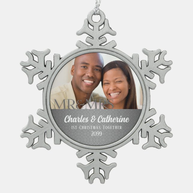 1st Christmas as Mr and Mrs Silver Damask Photo Snowflake Pewter Christmas Ornament (Front)