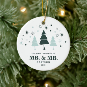 1st Christmas As Mr & Mr Personalized Snowy Trees Ceramic Ornament