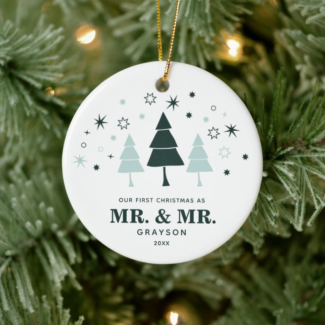 1st Christmas As Mr & Mr Personalized Snowy Trees Ceramic Ornament (Tree)
