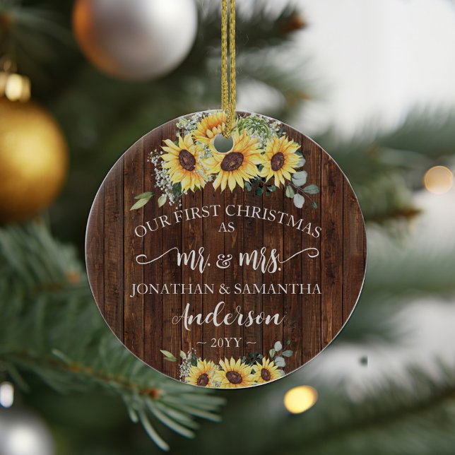 1st Christmas as Mr & Mrs Newlywed Wood Sunflowers Ceramic Ornament (First Christmas as Mr & Mrs Newlywed Wood Sunflowers Ceramic Ornament)