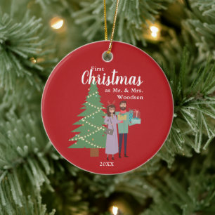 1st Christmas As Mr & Mrs Personalized Cute Couple Ceramic Ornament
