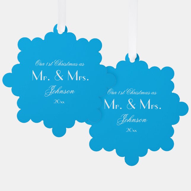 1st Christmas As Mr. & Mrs. Script Boho Chic Blue  Ornament Card (Front/Back)