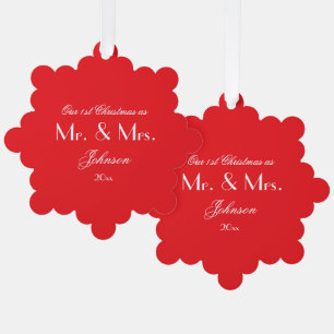 1st Christmas As Mr. & Mrs. Script Rustic Chic Red Ornament Card