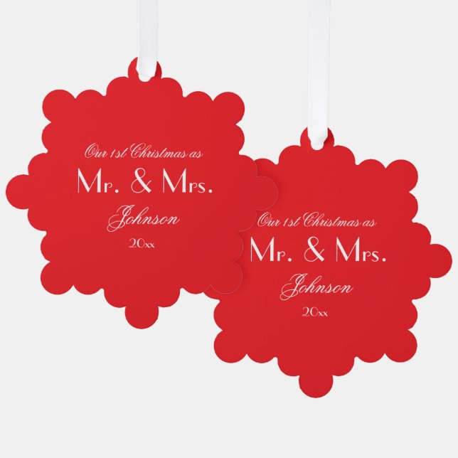 1st Christmas As Mr. & Mrs. Script Rustic Chic Red Ornament Card (Front/Back)