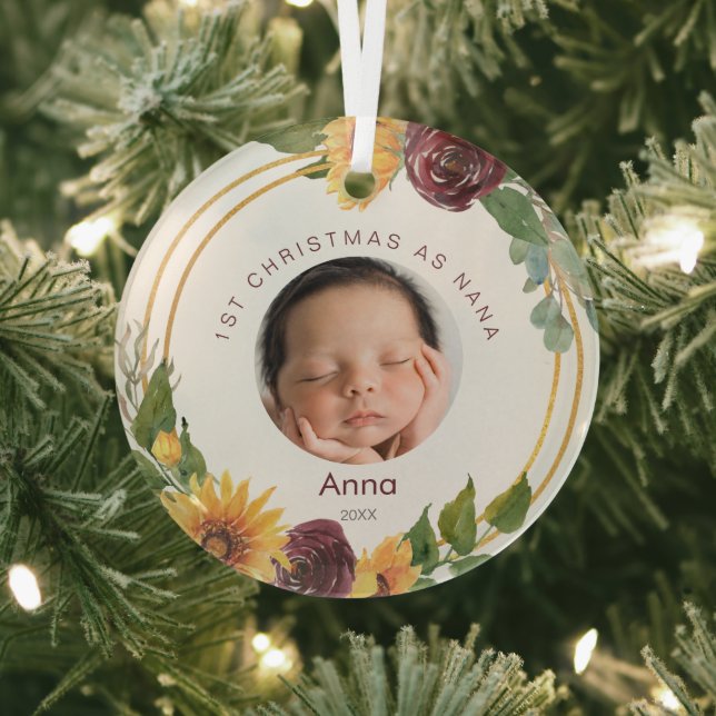  1st Christmas As Nana Baby Photo Sunflowers  Glass Ornament (Insitu)