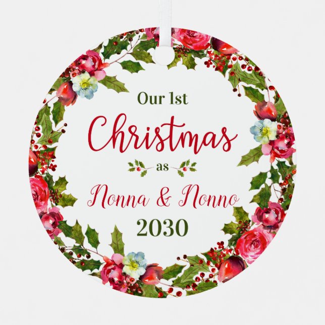 1st Christmas As Nonna Nonno Floral Photo Metal Ornament (Front)