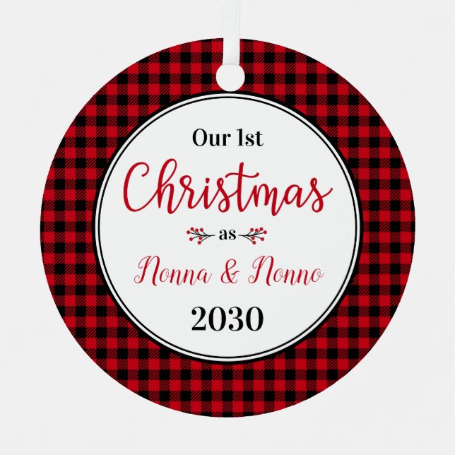 1st Christmas As Nonna Nonno Red Buffalo Check Metal Ornament (Front)
