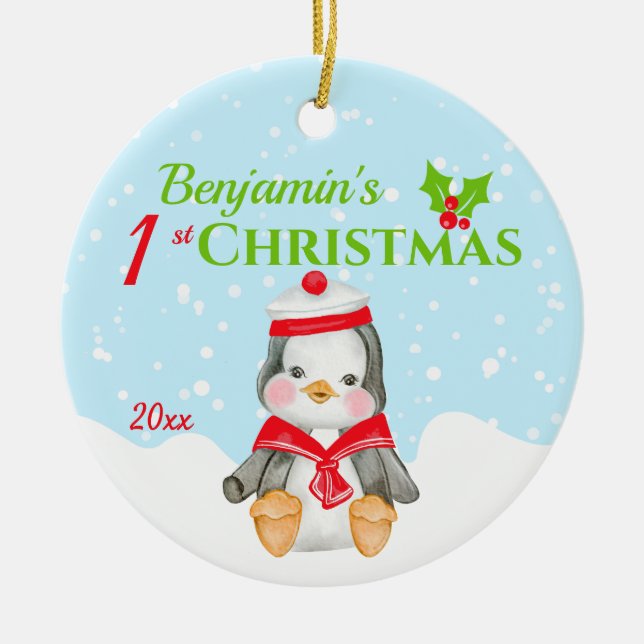 1st Christmas Baby Boy Penguin Photo Ceramic Ornament (Front)