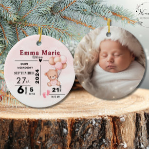 1st Christmas Baby Girl Birth Announcement Photo Ceramic Ornament