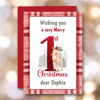 1st Christmas Baby Girl Cute Deer Plaid Holiday Card