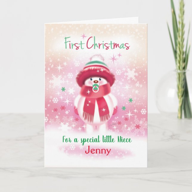 1st Christmas, baby Niece, Snow baby & Pacifier Holiday Card (Front)