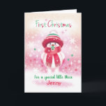 1st Christmas, baby Niece, Snow baby & Pacifier Holiday Card<br><div class="desc">The illustration on this very cute Christmas card for a baby Niece on her 1st Christmas is that of a sweet snow baby with pink chubby cheeks and a red nose. Wearing a pink woolen hat, matching scarf and mittens, she happily sucks on a baby's pacifier (dummy) as she stands...</div>