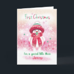 1st Christmas, baby Niece, Snow baby & Pacifier Holiday Card<br><div class="desc">The illustration on this very cute Christmas card for a baby Niece on her 1st Christmas is that of a sweet snow baby with pink chubby cheeks and a red nose. Wearing a pink woolen hat, matching scarf and mittens, she happily sucks on a baby's pacifier (dummy) as she stands...</div>