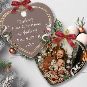 1st Christmas Big Sis Love Holly Pine Gold Frame  Ceramic Ornament