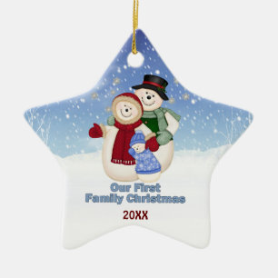 1st Christmas -Blue Frosty Snowman Family Ceramic Ornament