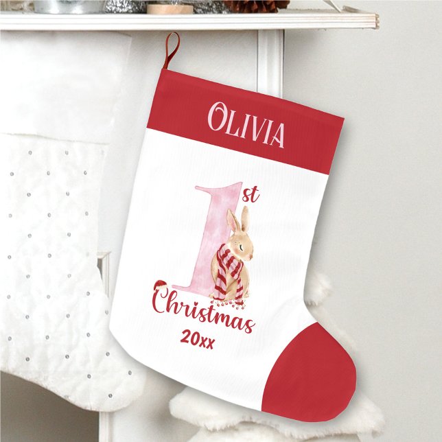 1st Christmas Bunny Baby Girl Red Pink Name Large Christmas Stocking (1st Christmas Bunny Baby Girl Red Pink Name Large Christmas Stocking)
