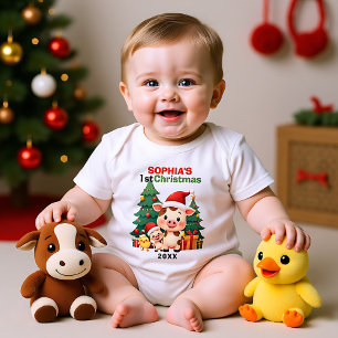 1st Christmas, custom text, Piggy Presents & Pine Baby Bodysuit