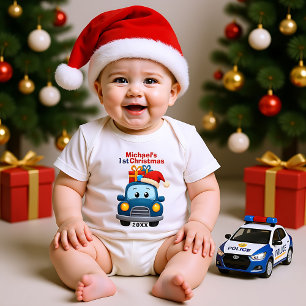 1st Christmas, custom text, Vroom for the Holidays Baby Bodysuit