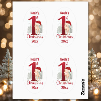 1st Christmas Cute Deer Santa Hat Baby Boy Oval Sticker