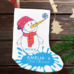 1st Christmas Cute Snowman Snowflake Drawing Small Christmas Stocking<br><div class="desc">1st Christmas Cute Snowman Snowflake Drawing Christmas Stocking. Cute snowman with a snowflake on his nose. The background is a blue colour splash with white snowflakes. Easy personalize with your name and year of birth.</div>