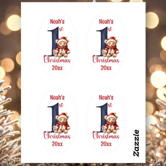 1st Christmas Cute Teddy Bear Baby Boy Oval Sticker
