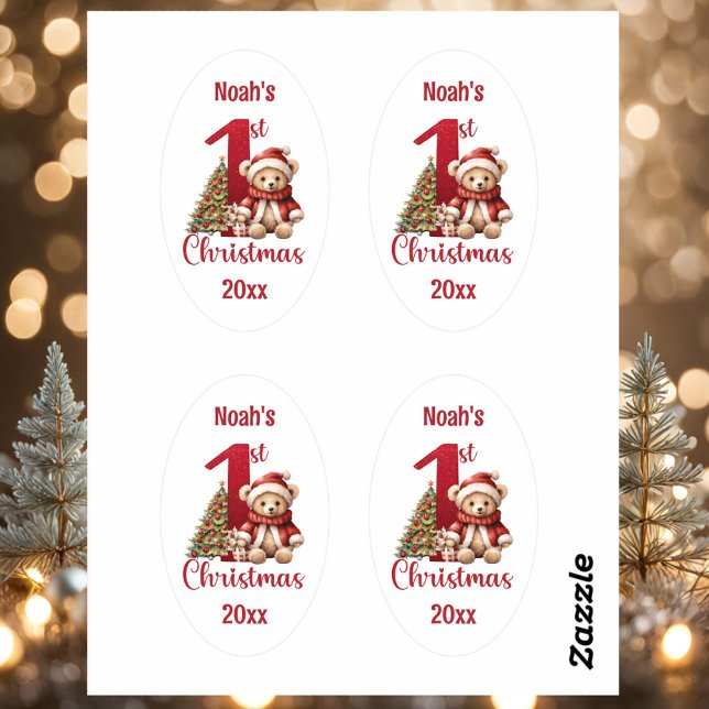 1st Christmas Cute Teddy Bear Christmas Tree Oval Sticker (1st Christmas Cute Teddy Bear Christmas Tree Oval Sticker)