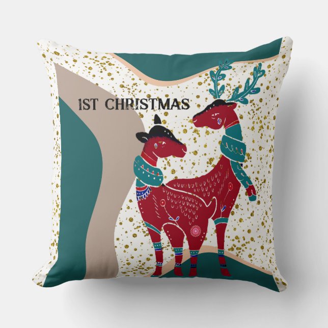 1st Christmas Deer Couple Nordic Snow Hail Boho   Throw Pillow (Front)