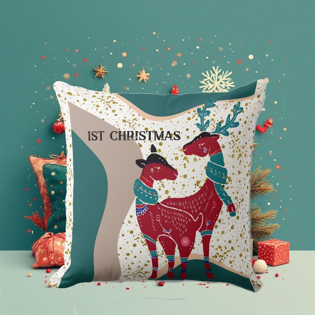 1st Christmas Deer Couple Nordic Snow Hail Boho   Throw Pillow (1st Christmas Deer Couple Nordic Snow Hail Boho Throw Pillow)