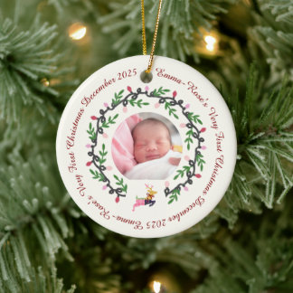 1st Christmas Deer with Wreath Customize2 Ceramic Ornament