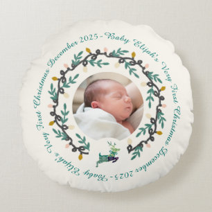 1st Christmas Deer with Wreath Teal Cream Round Pillow